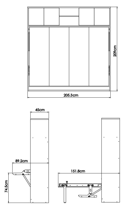Lit escamotable horizontal 2 places armoire sur meuble dimensions