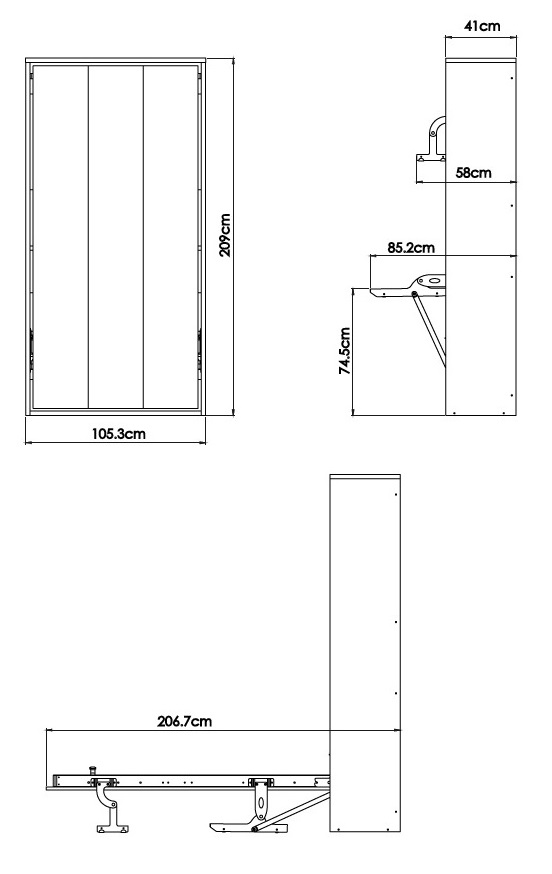Lit escamotable verticale 1 place Dimensions