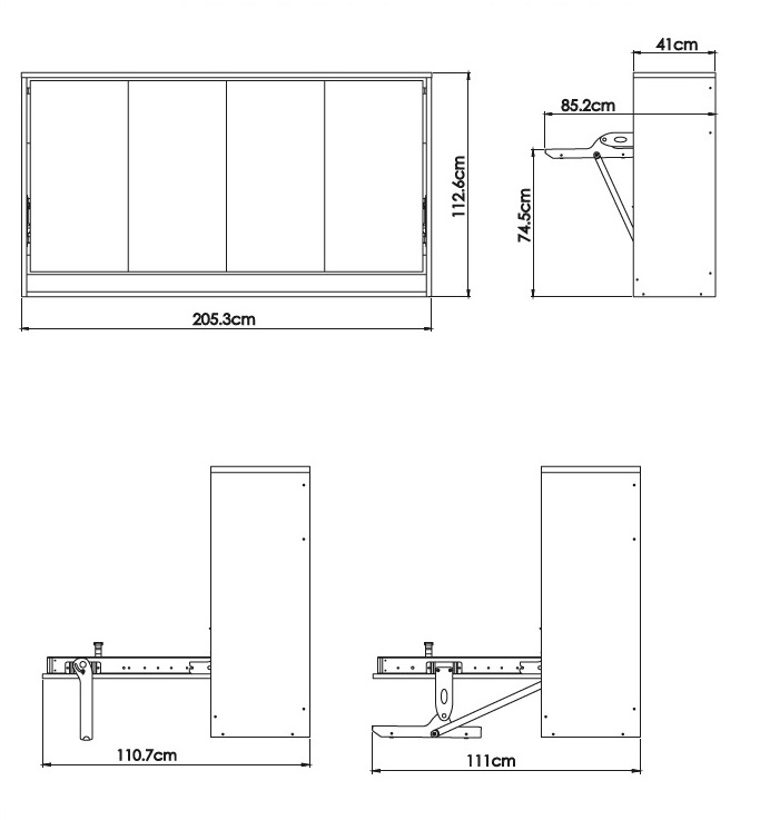 Lit escamotable horizontal 1 place Dimensions
