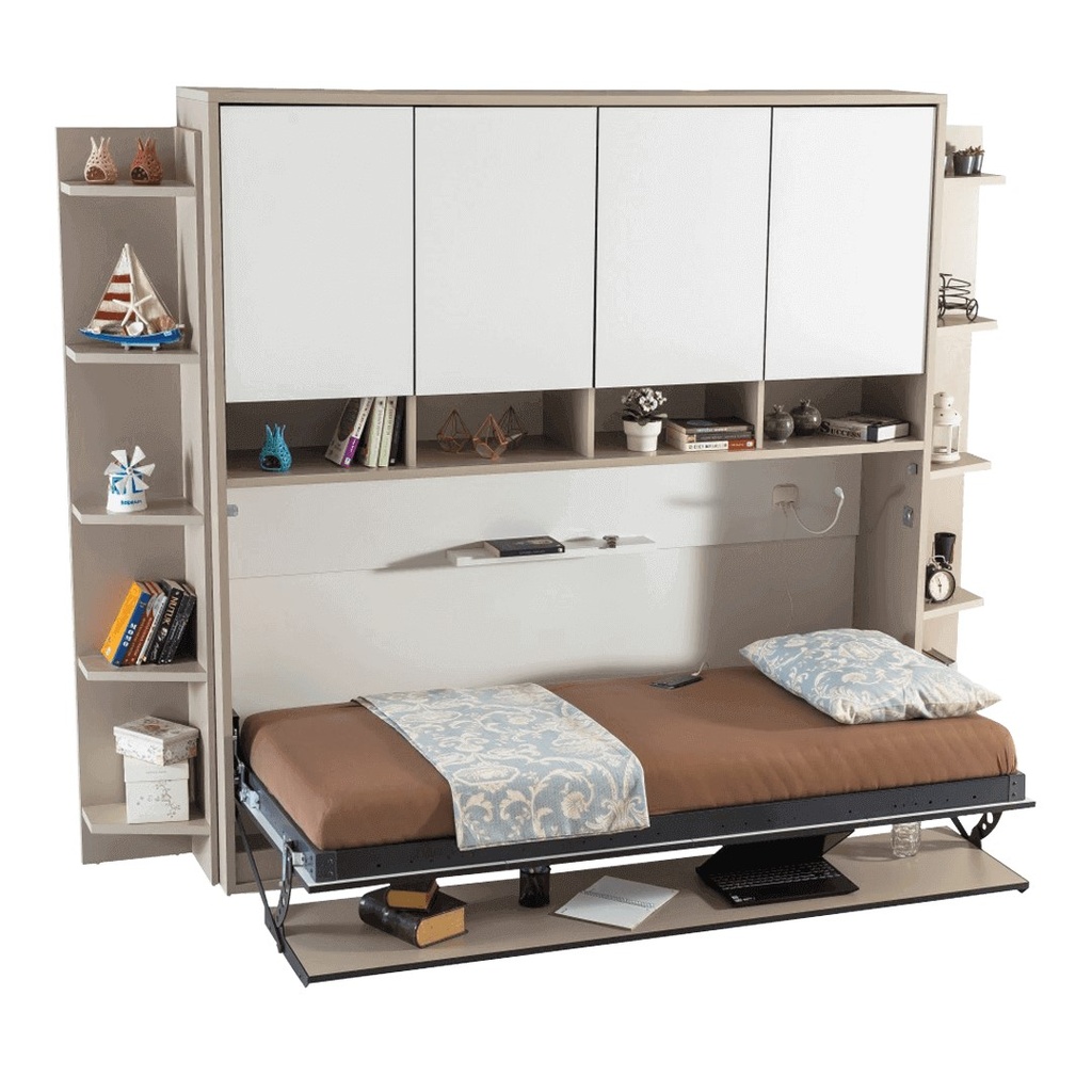 Lit escamotable horizontal optimal avec armoire sur meuble (Cadre Cappuccino, Façade Gauche Anthracite, Façade Milieu Anthracite, Façade Droite Anthracite)