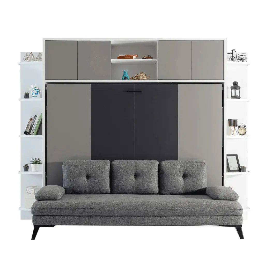 Lit escamotable horizontal 2 places armoire sur meuble (Cadre Cappuccino, Façade Gauche Anthracite, Façade Milieu Anthracite, Façade Droite Anthracite)